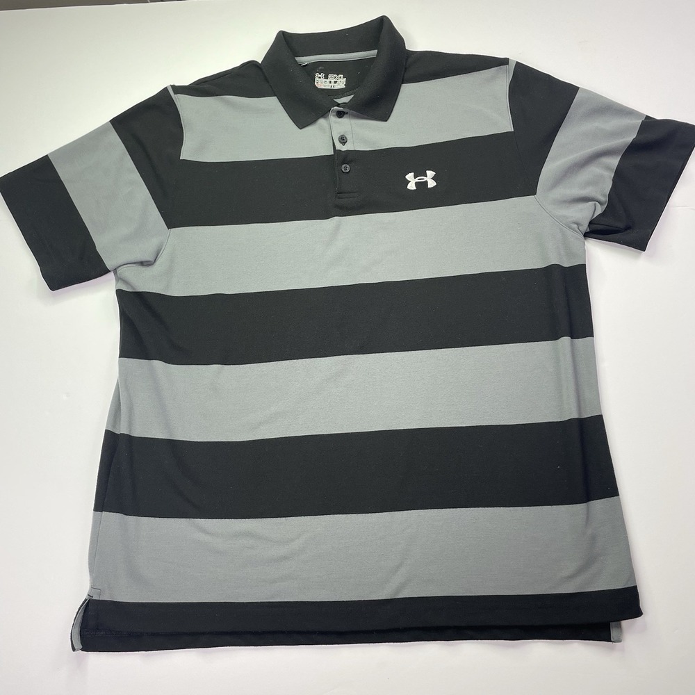 Under Armour Polo Shirt Men's 2XL Color Block Stripes Heat Gear Black Grey
